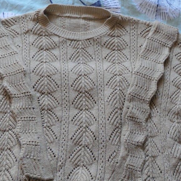 tan knit sweater with openwork and flounce details, Small. - Picture 6 of 6